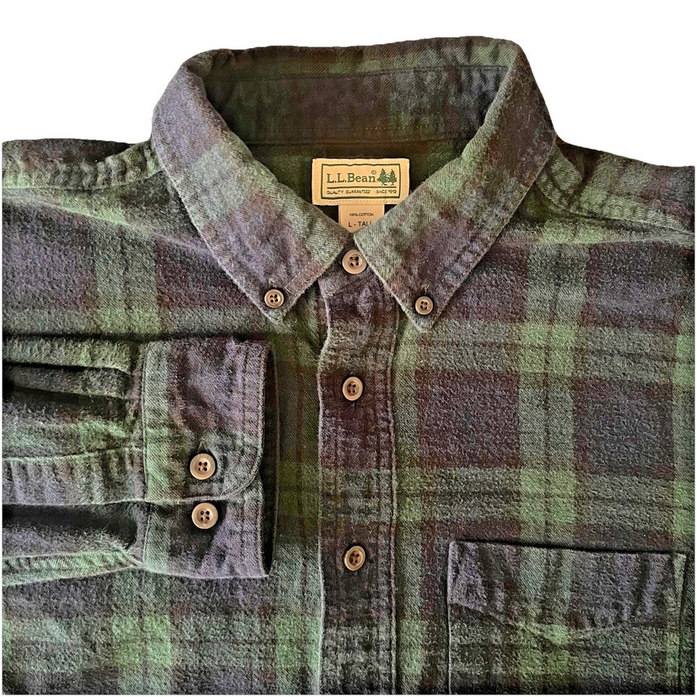 LL Bean Flannel Shirt Mens L Tall Green Black Plaid Cotton Cabin Gorpcore Retro